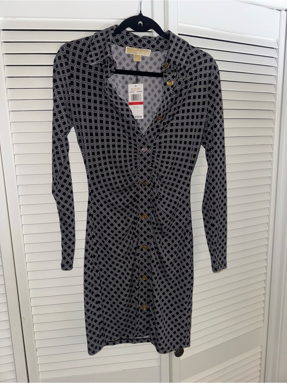 MICHAEL Michael Kors Black and White Geometric Long-Sleeve Shirt Dress